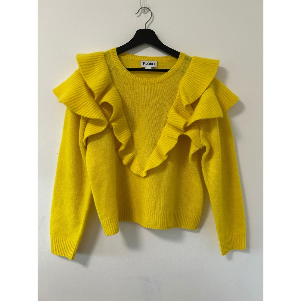 Filoro Ruffle Tiered Cashmere Sweater Women L Yellow Romantic Statement Knit